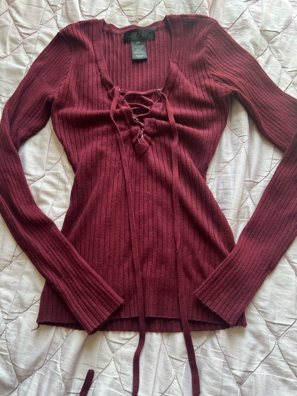 Rue21 Maroon Lace-Up Ribbed Long Sleeve Top